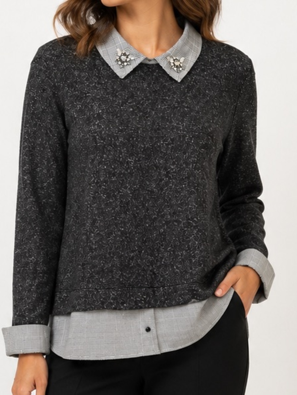 Faith and Joy Gray Plaid Collar Knit Top with Rhinestone Embellishment